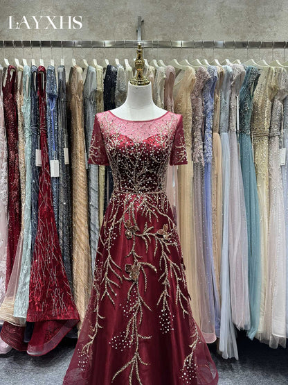 Elegant Navy Blue Scoop Neck A-Line Evening Dress with Sequined Embroidery LP046