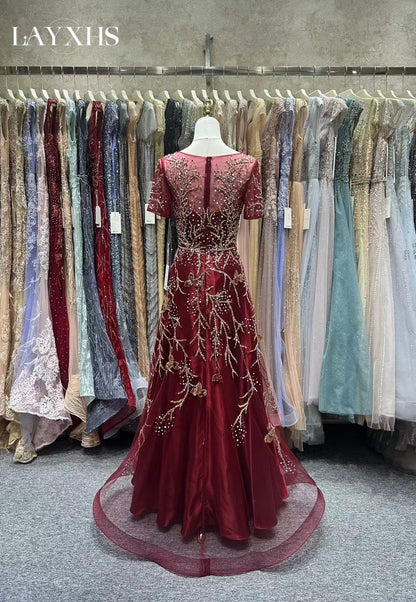 Elegant Navy Blue Scoop Neck A-Line Evening Dress with Sequined Embroidery LP046