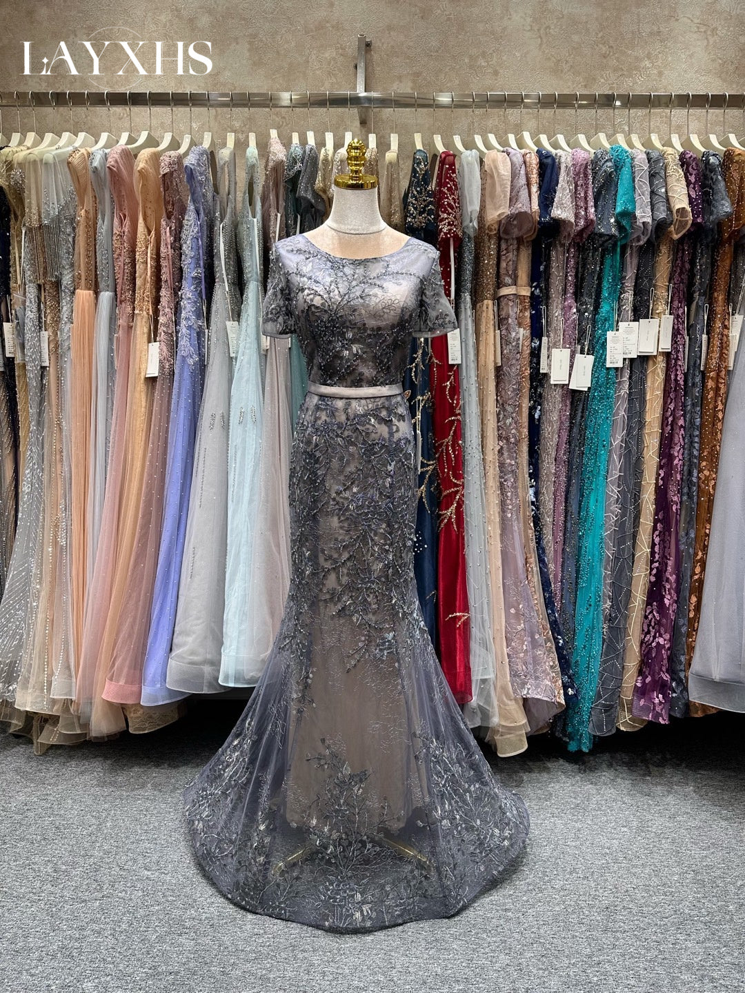 Classic Embroidered Champagne Scoop Neck Mermaid Lace Evening Gown LP047