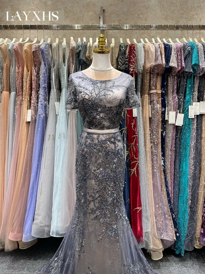 Classic Embroidered Champagne Scoop Neck Mermaid Lace Evening Gown LP047