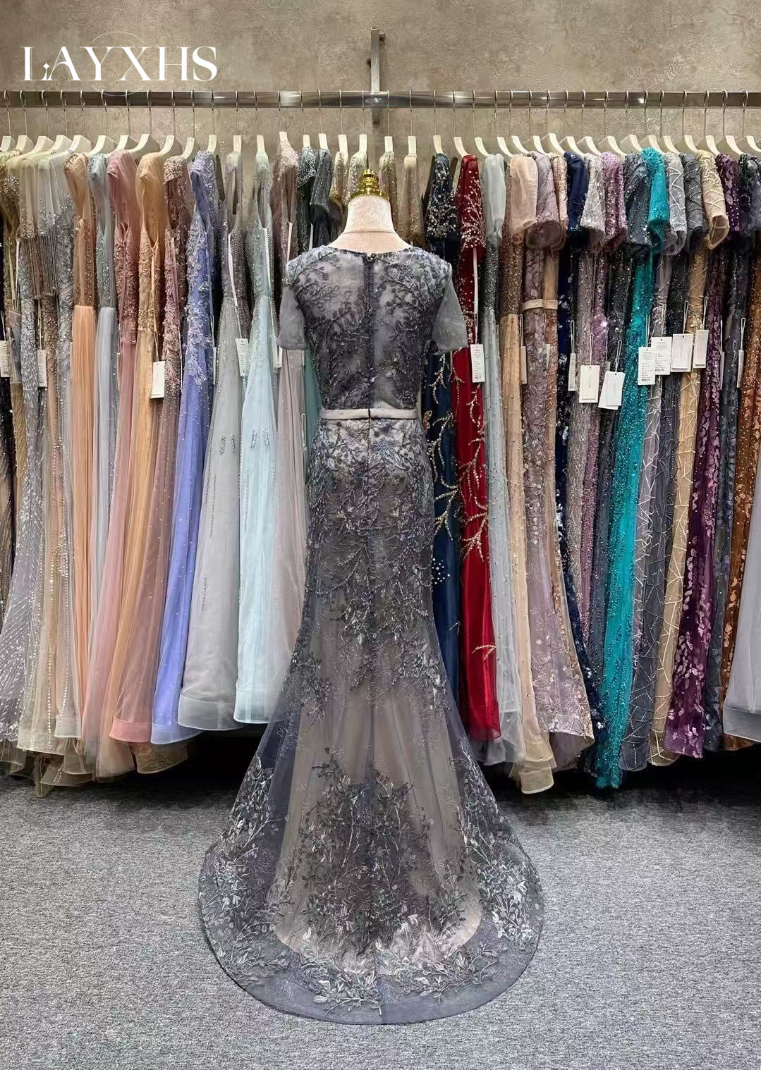 Classic Embroidered Champagne Scoop Neck Mermaid Lace Evening Gown LP047