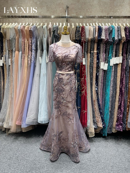 Classic Embroidered Champagne Scoop Neck Mermaid Lace Evening Gown LP047