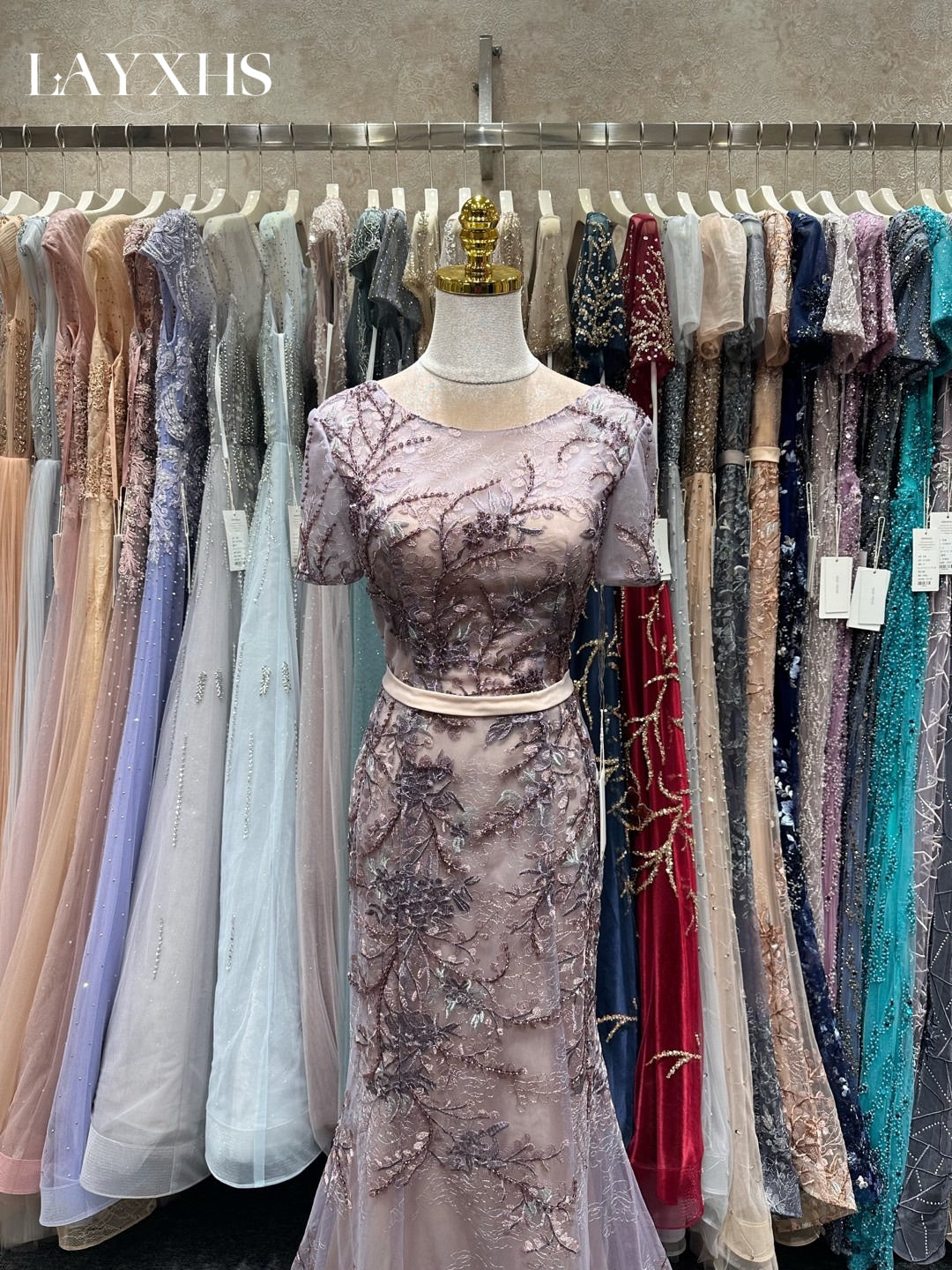 Classic Embroidered Champagne Scoop Neck Mermaid Lace Evening Gown LP047