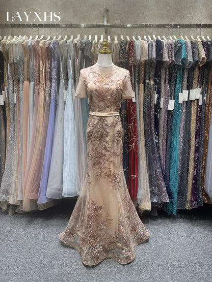 Classic Embroidered Champagne Scoop Neck Mermaid Lace Evening Gown LP047