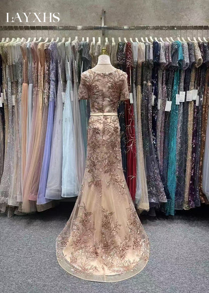 Classic Embroidered Champagne Scoop Neck Mermaid Lace Evening Gown LP047