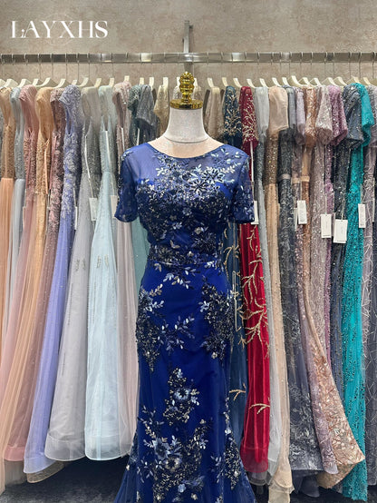 Sparkly Navy Blue Embroidered Short Sleeves Mermaid Evening Prom Gown LP048