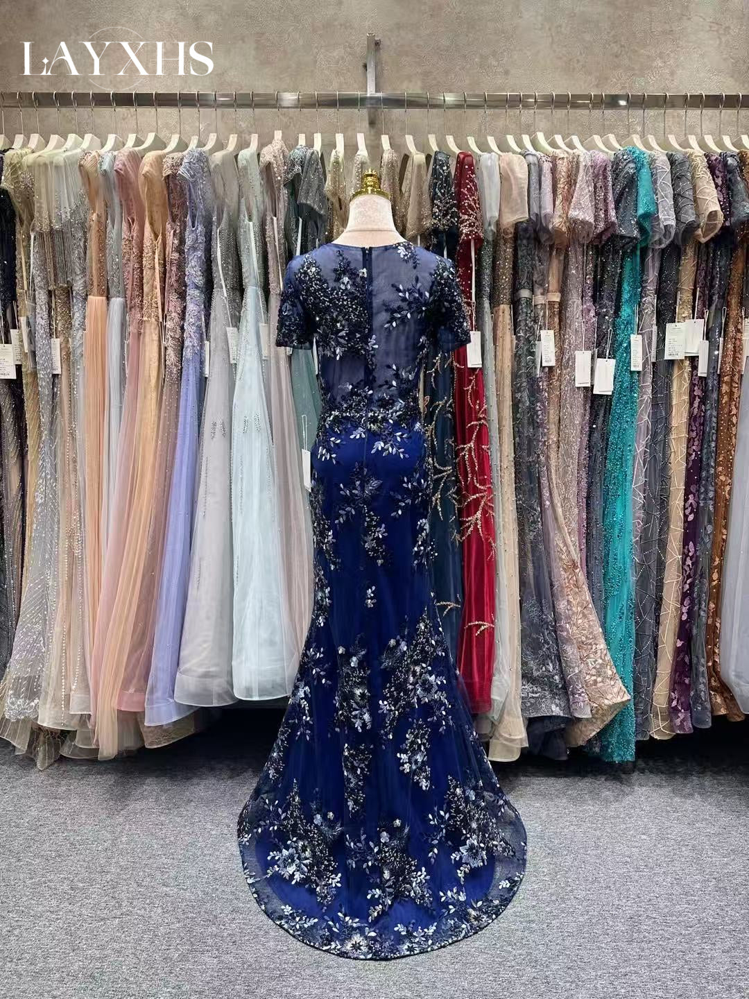 Sparkly Navy Blue Embroidered Short Sleeves Mermaid Evening Prom Gown LP048