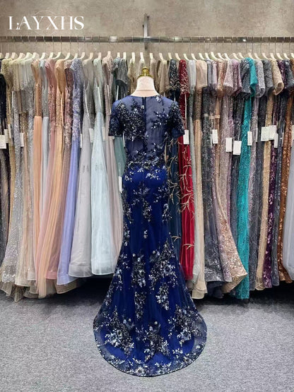 Sparkly Navy Blue Embroidered Short Sleeves Mermaid Evening Prom Gown LP048