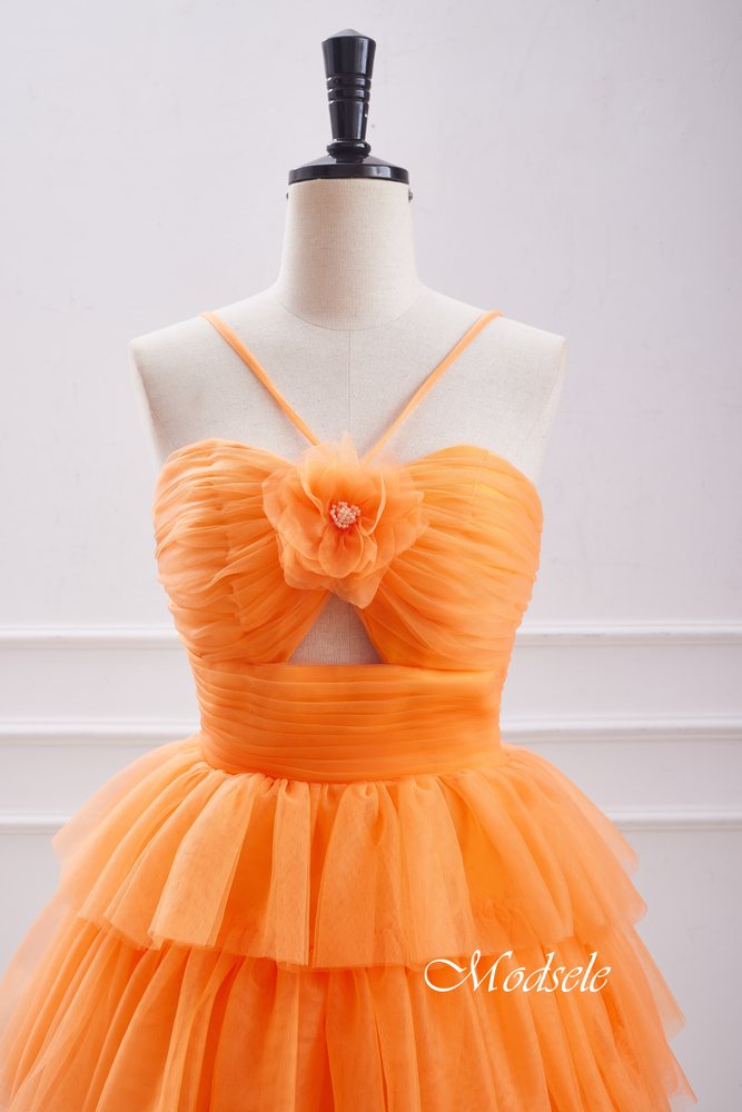 Elegant Orange A-Line Tiered Homecoming Dress with Floral HM125