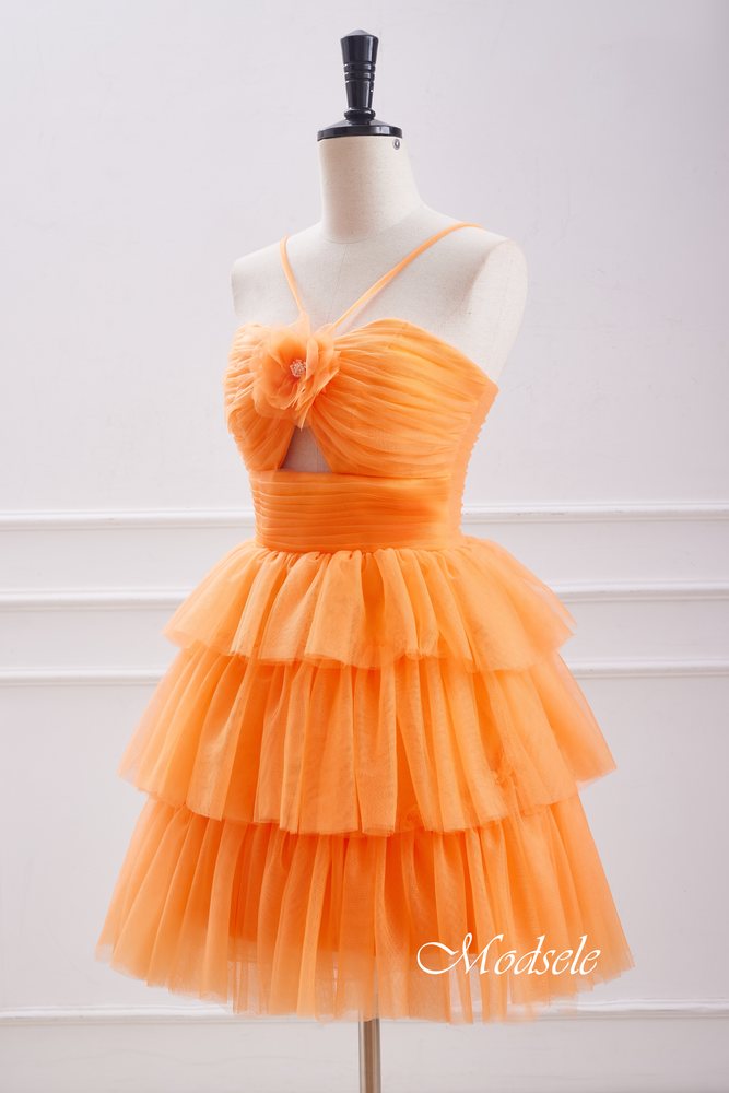 Elegant Orange A-Line Tiered Homecoming Dress with Floral HM125