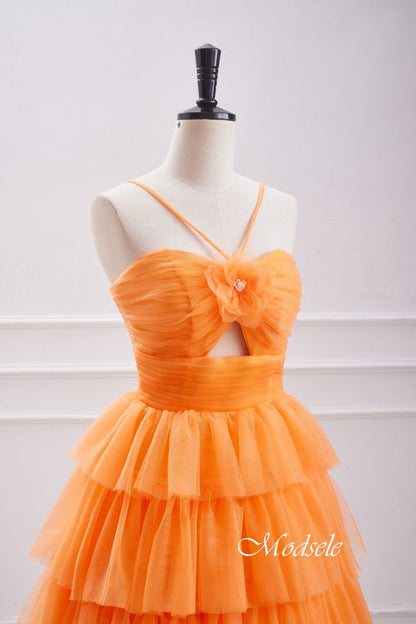 Elegant Orange A-Line Tiered Homecoming Dress with Floral HM125