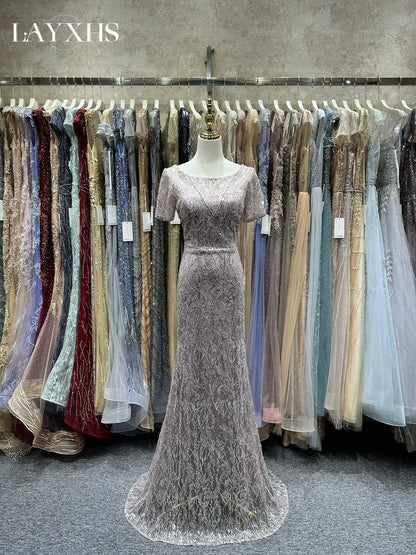 Elegant Scoop Neck Short Sleeves Beaded Sheath Evening Dress LP049