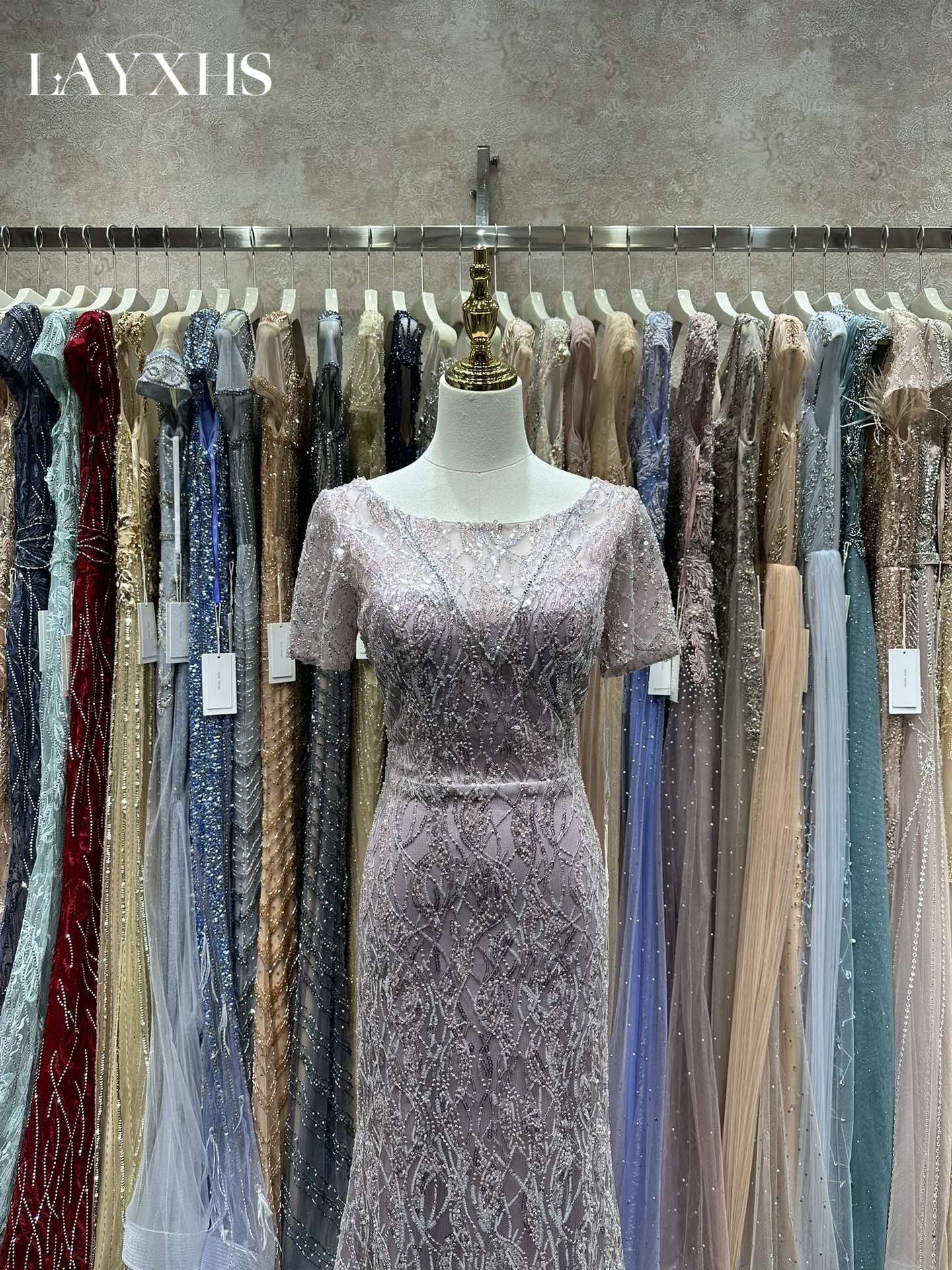 Elegant Scoop Neck Short Sleeves Beaded Sheath Evening Dress LP049