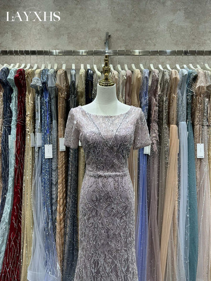 Elegant Scoop Neck Short Sleeves Beaded Sheath Evening Dress LP049