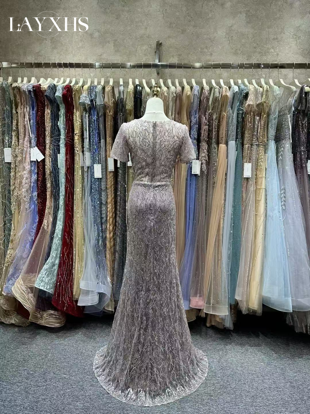 Elegant Scoop Neck Short Sleeves Beaded Sheath Evening Dress LP049