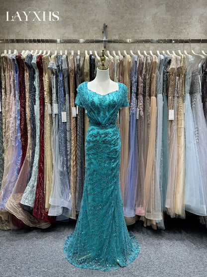 Luxury Purple Beaded Mermaid Evening Party Dress with Slit LP050