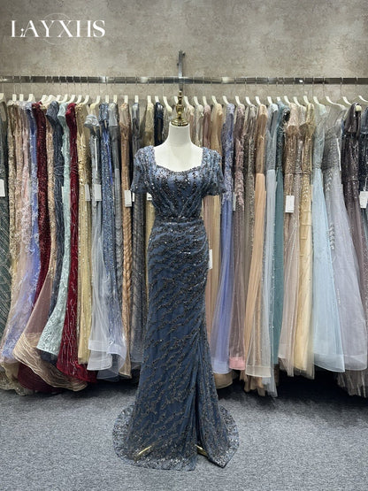 Luxury Purple Beaded Mermaid Evening Party Dress with Slit LP050