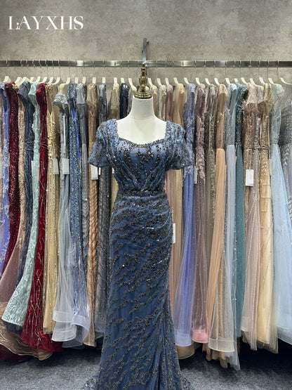 Luxury Purple Beaded Mermaid Evening Party Dress with Slit LP050