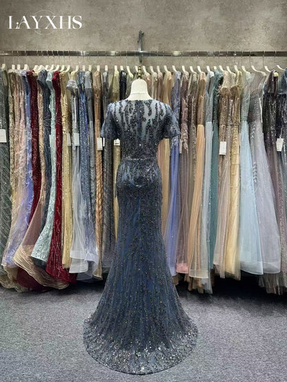 Luxury Purple Beaded Mermaid Evening Party Dress with Slit LP050