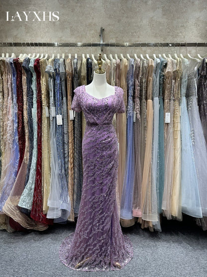 Luxury Purple Beaded Mermaid Evening Party Dress with Slit LP050