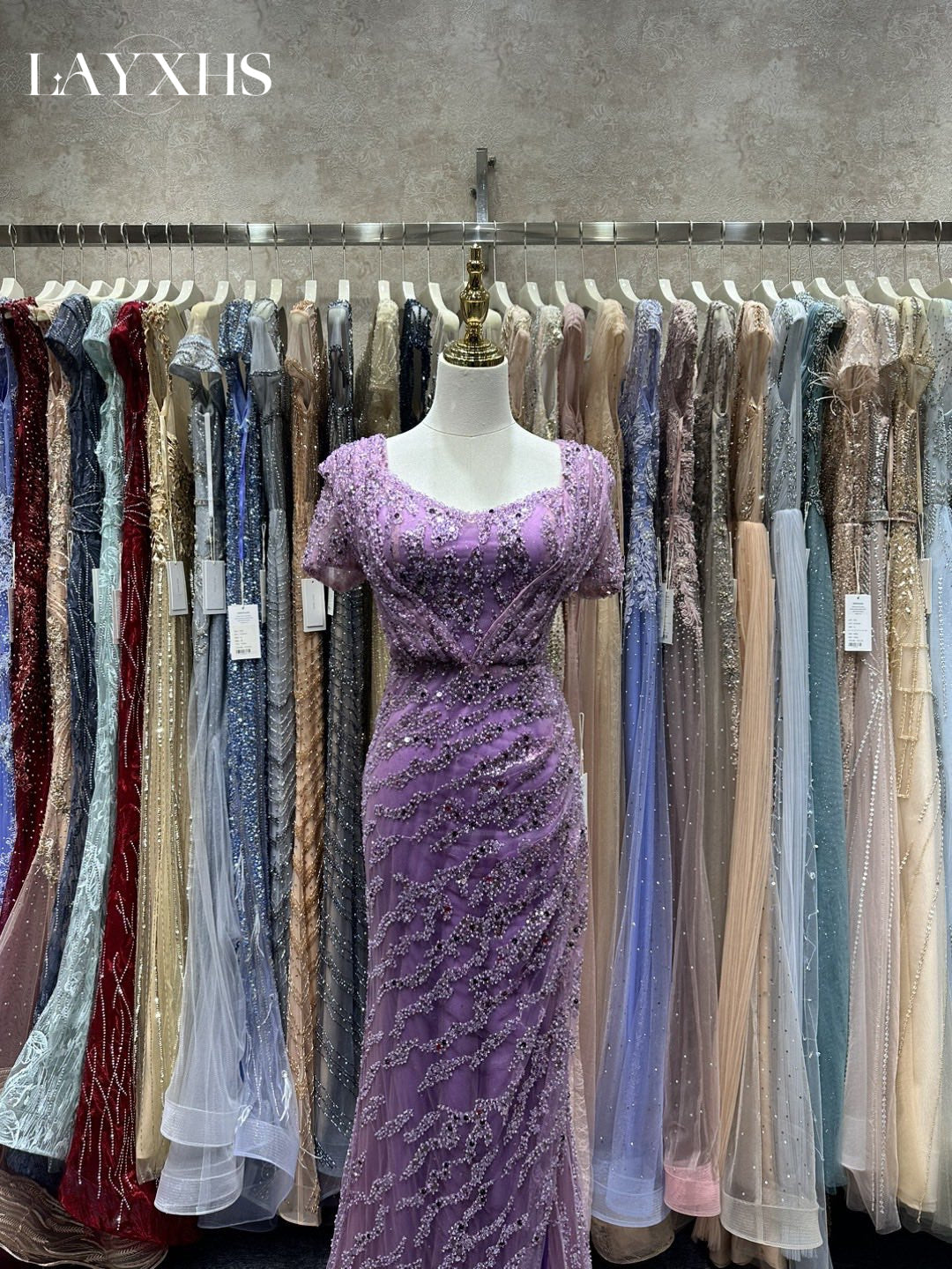 Luxury Purple Beaded Mermaid Evening Party Dress with Slit LP050
