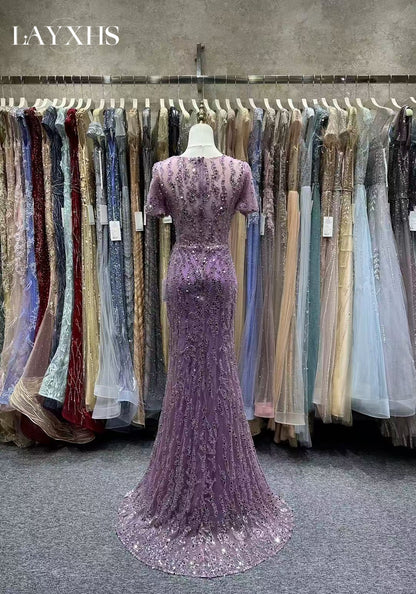 Luxury Purple Beaded Mermaid Evening Party Dress with Slit LP050