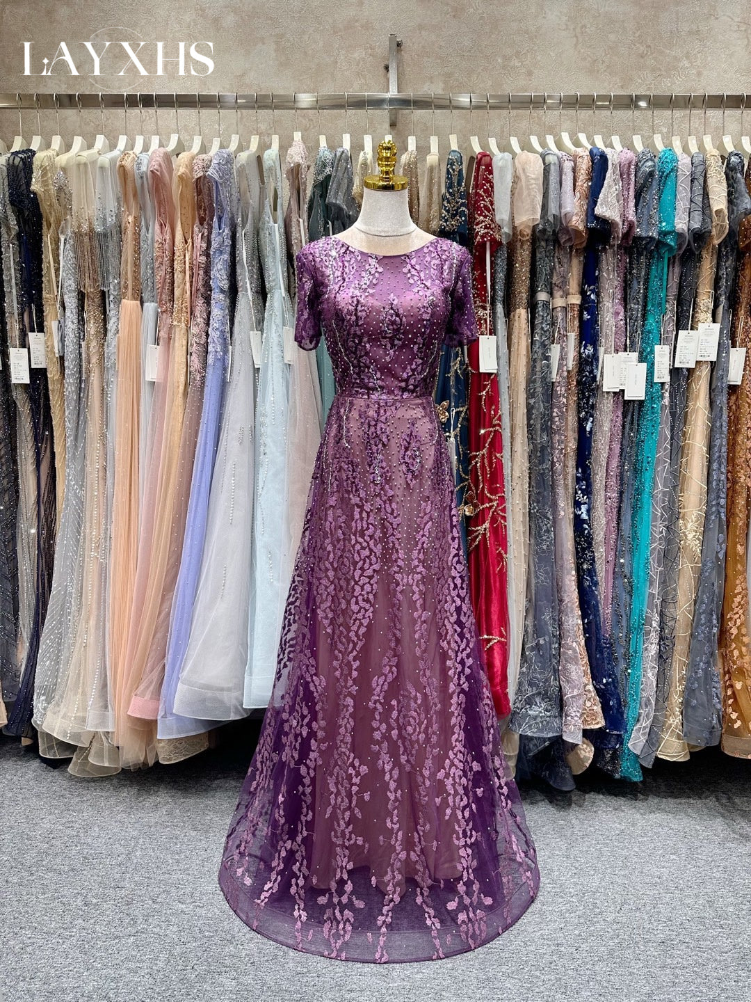 Elegant Purple Pearls A-Line Short Sleeves Evening Dress with Appliques LP039