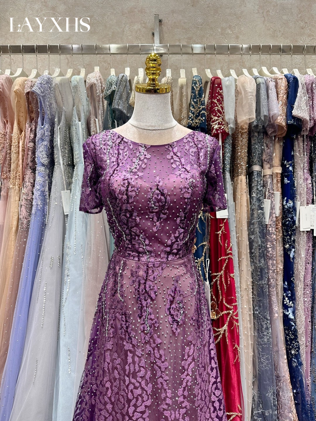 Elegant Purple Pearls A-Line Short Sleeves Evening Dress with Appliques LP039