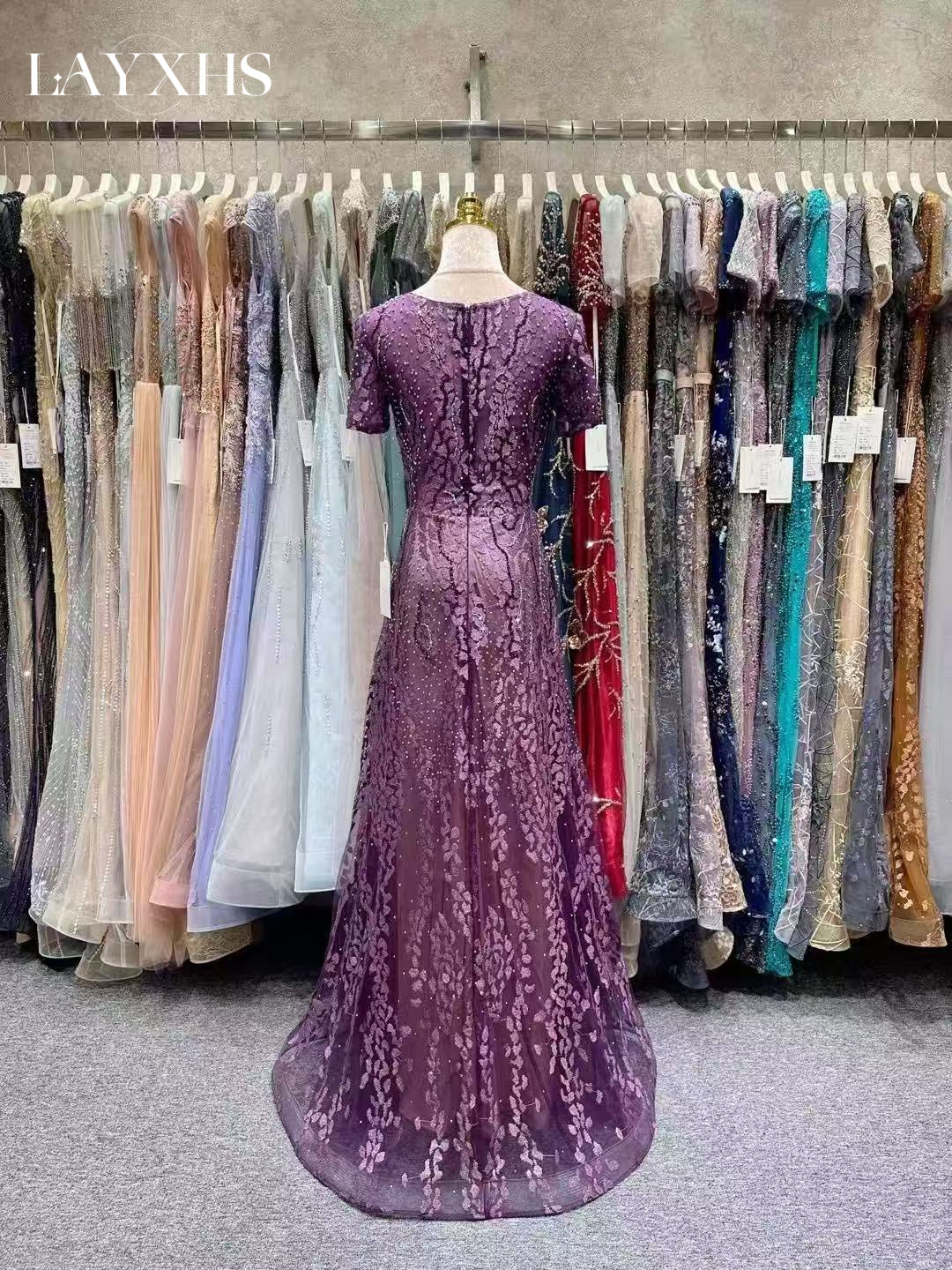 Elegant Purple Pearls A-Line Short Sleeves Evening Dress with Appliques LP039