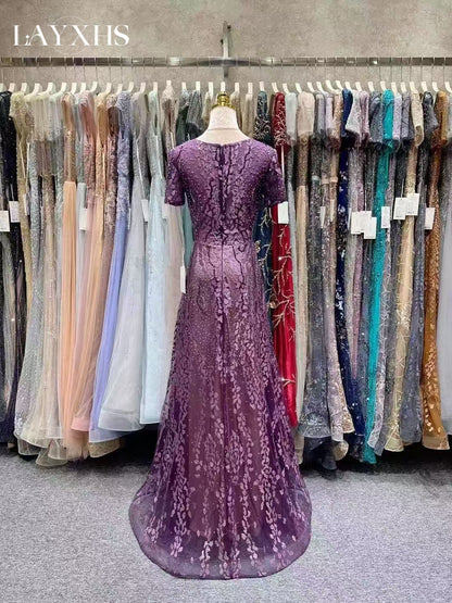 Elegant Purple Pearls A-Line Short Sleeves Evening Dress with Appliques LP039