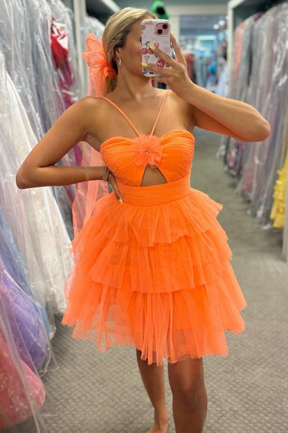 Elegant Orange A-Line Tiered Homecoming Dress with Floral HM125