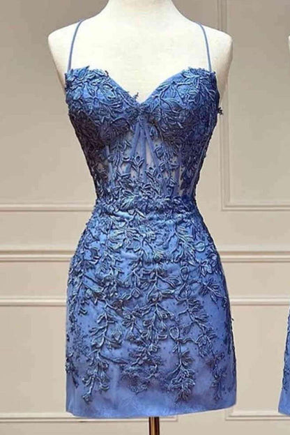 Halter Lace Appliques V-Neck Short Homecoming Dress HM122