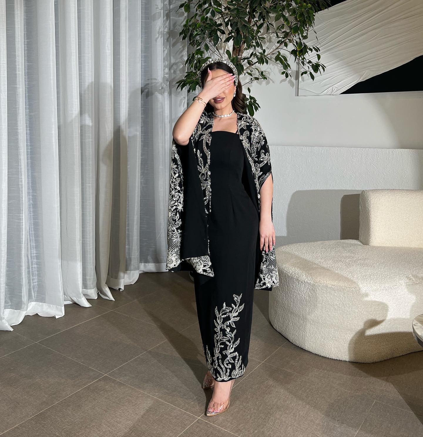 Sparkly Beaded Black Strapless Satin Arabic Evening Dress with Cape AE020