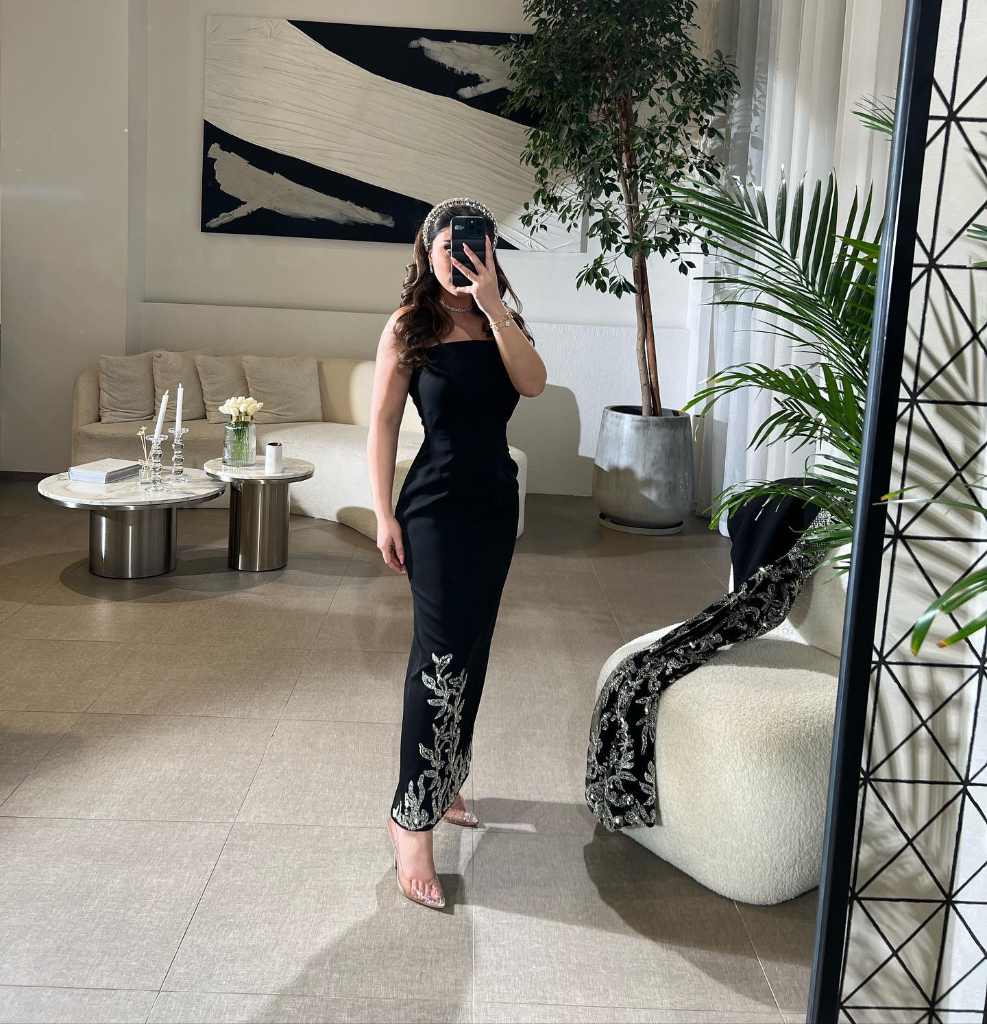 Sparkly Beaded Black Strapless Satin Arabic Evening Dress with Cape AE020