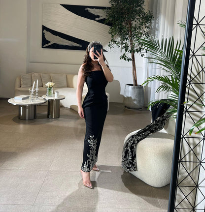 Sparkly Beaded Black Strapless Satin Arabic Evening Dress with Cape AE020