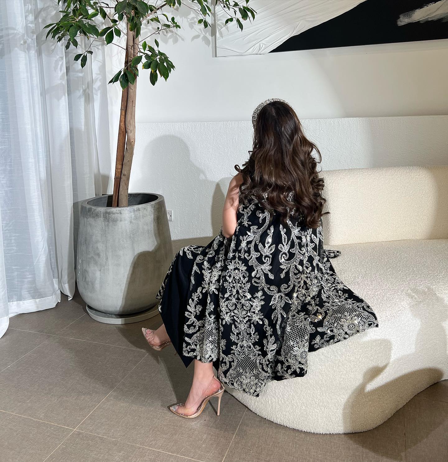 Sparkly Beaded Black Strapless Satin Arabic Evening Dress with Cape AE020