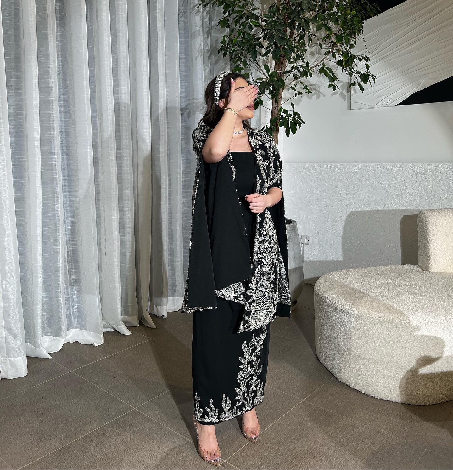 Sparkly Beaded Black Strapless Satin Arabic Evening Dress with Cape AE020