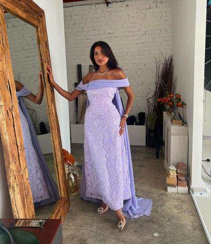 Elegant Beaded Off-Shoulder Lilac Sheath Evening Dress with Overskirt AE018