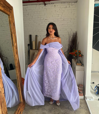 Elegant Beaded Off-Shoulder Lilac Sheath Evening Dress with Overskirt AE018