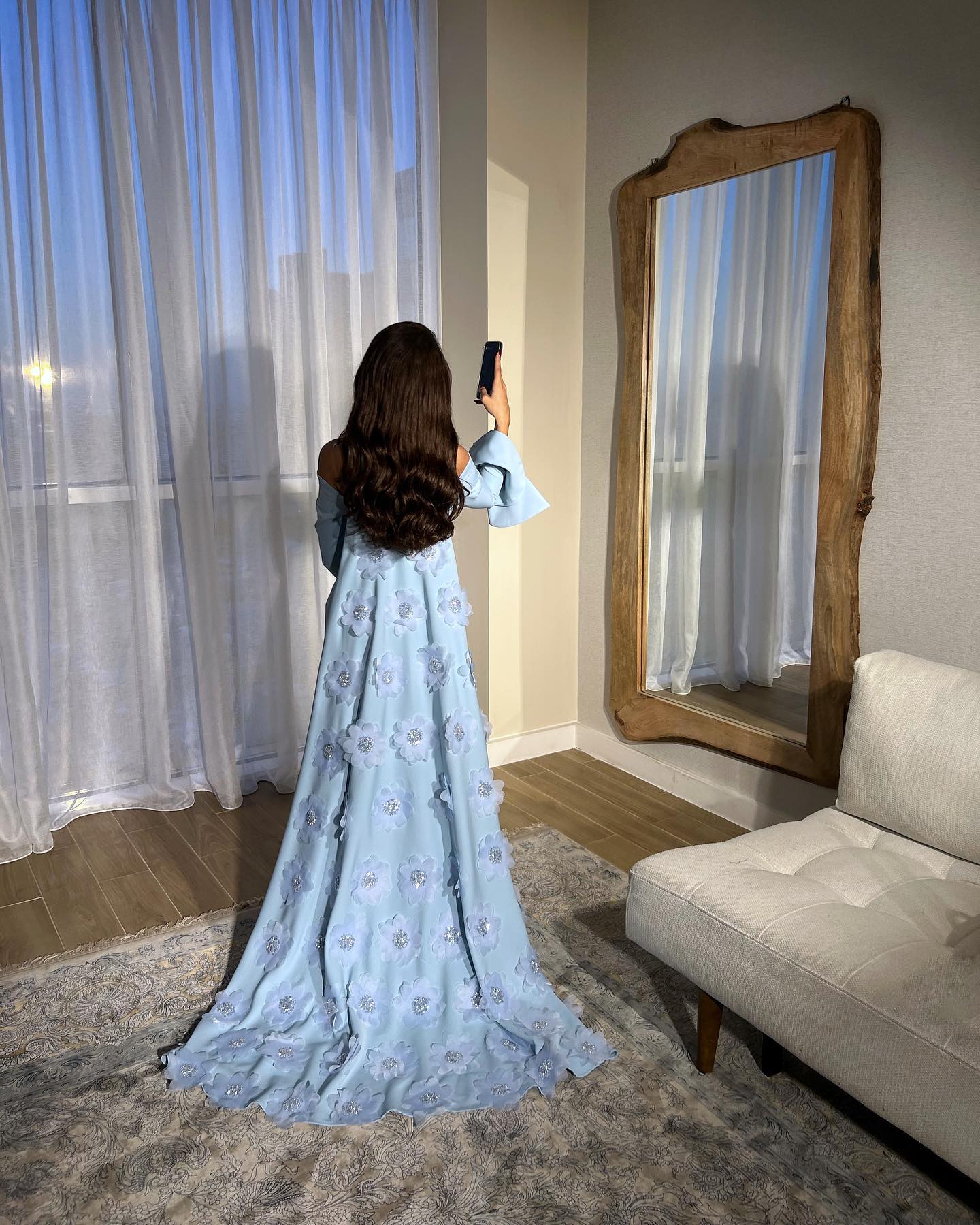 Elegant 3D Beaded Floral Blue Long Sleeves Evening Dress with Overskirt AE008