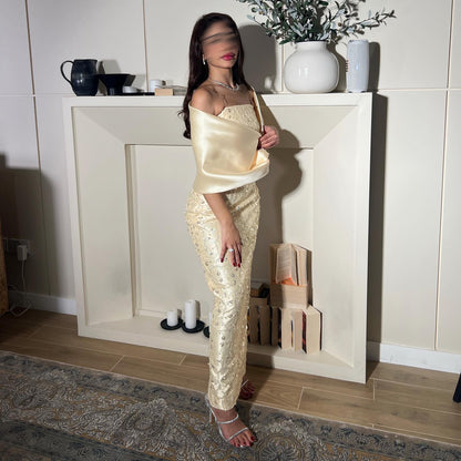 Chic Yellow Strapless Sequined Satin Evening Dress with Waistcoat AE009