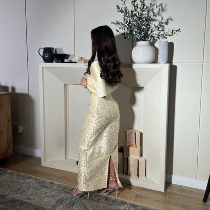 Chic Yellow Strapless Sequined Satin Evening Dress with Waistcoat AE009