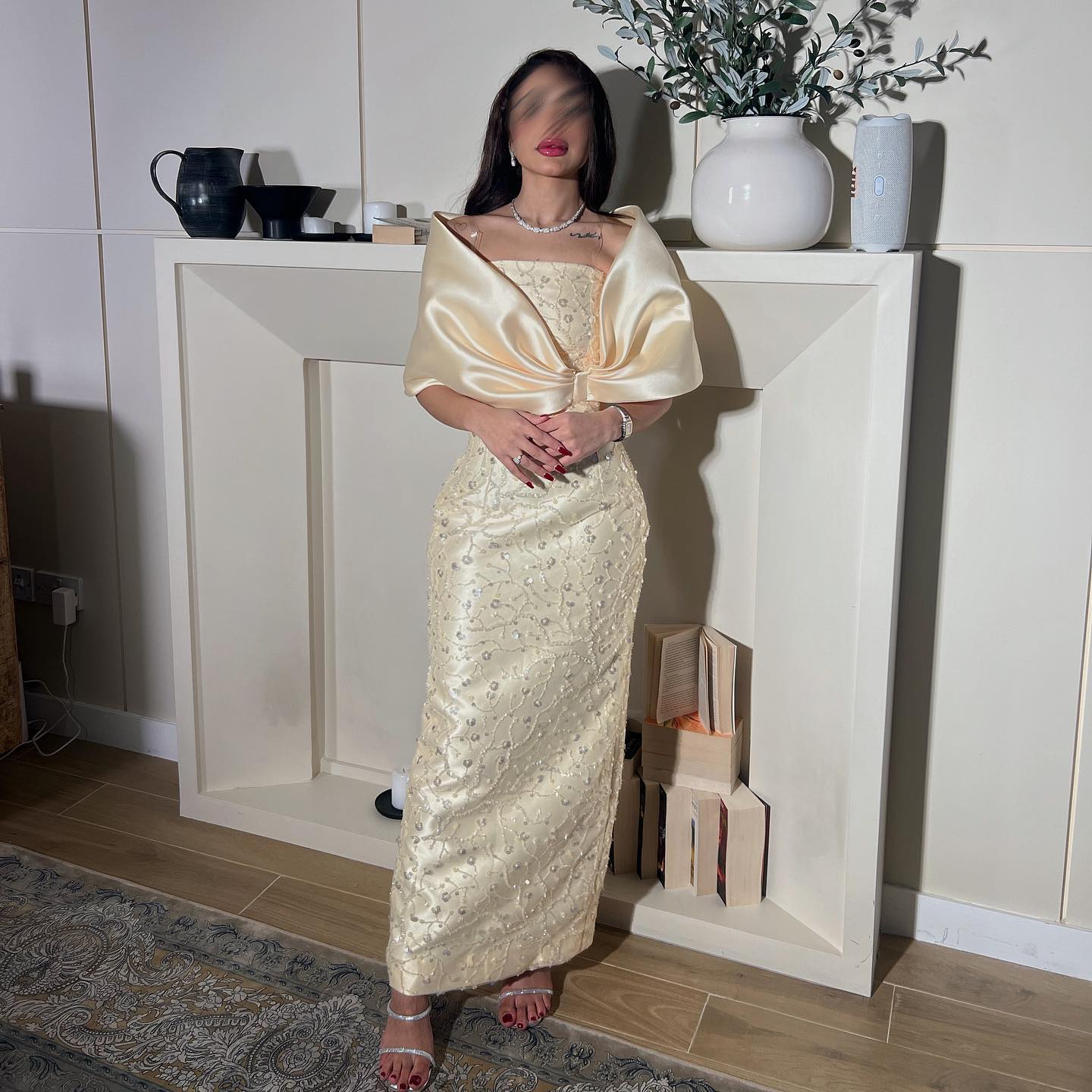 Chic Yellow Strapless Sequined Satin Evening Dress with Waistcoat AE009