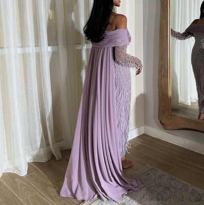 Elegant Lilac Beaded Tassels Long Sleeves Evening Dress with Cape AE010
