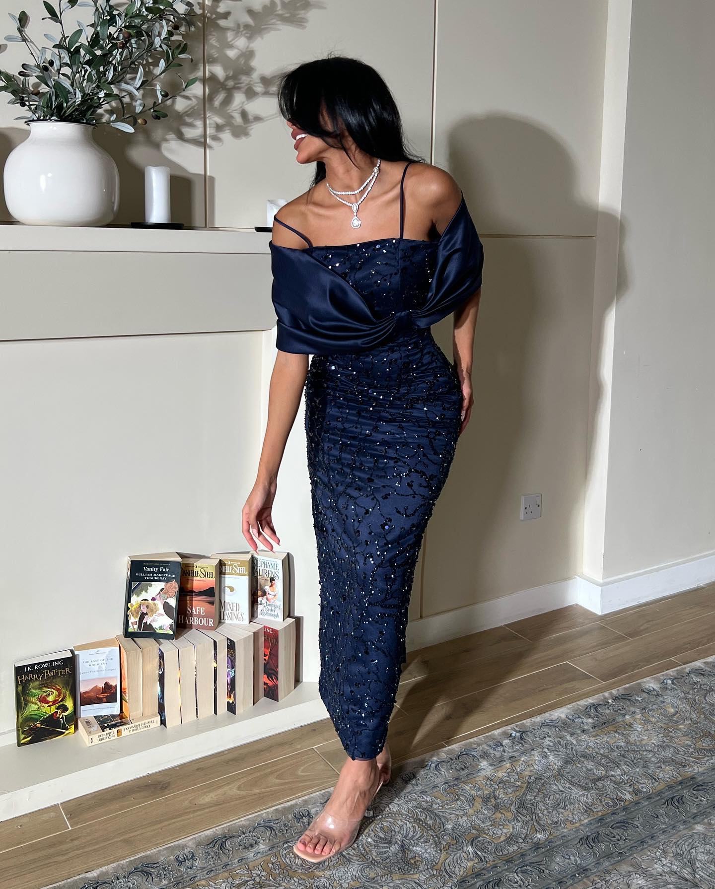 Luxury Navy Blue Beaded Sheath Satin Arabic Evening Dress with Waistcoat AE001