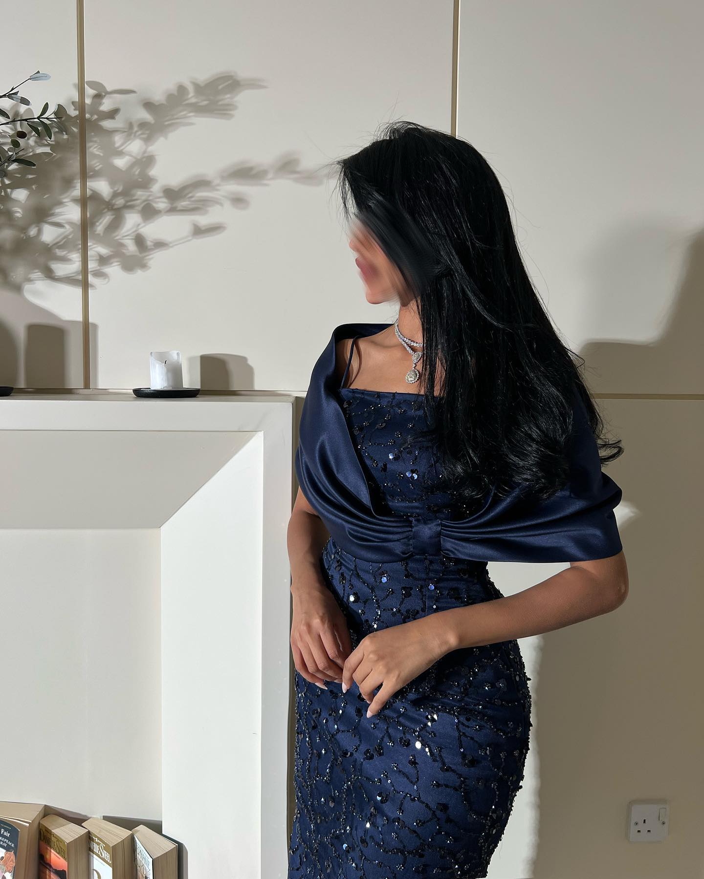 Luxury Navy Blue Beaded Sheath Satin Arabic Evening Dress with Waistcoat AE001