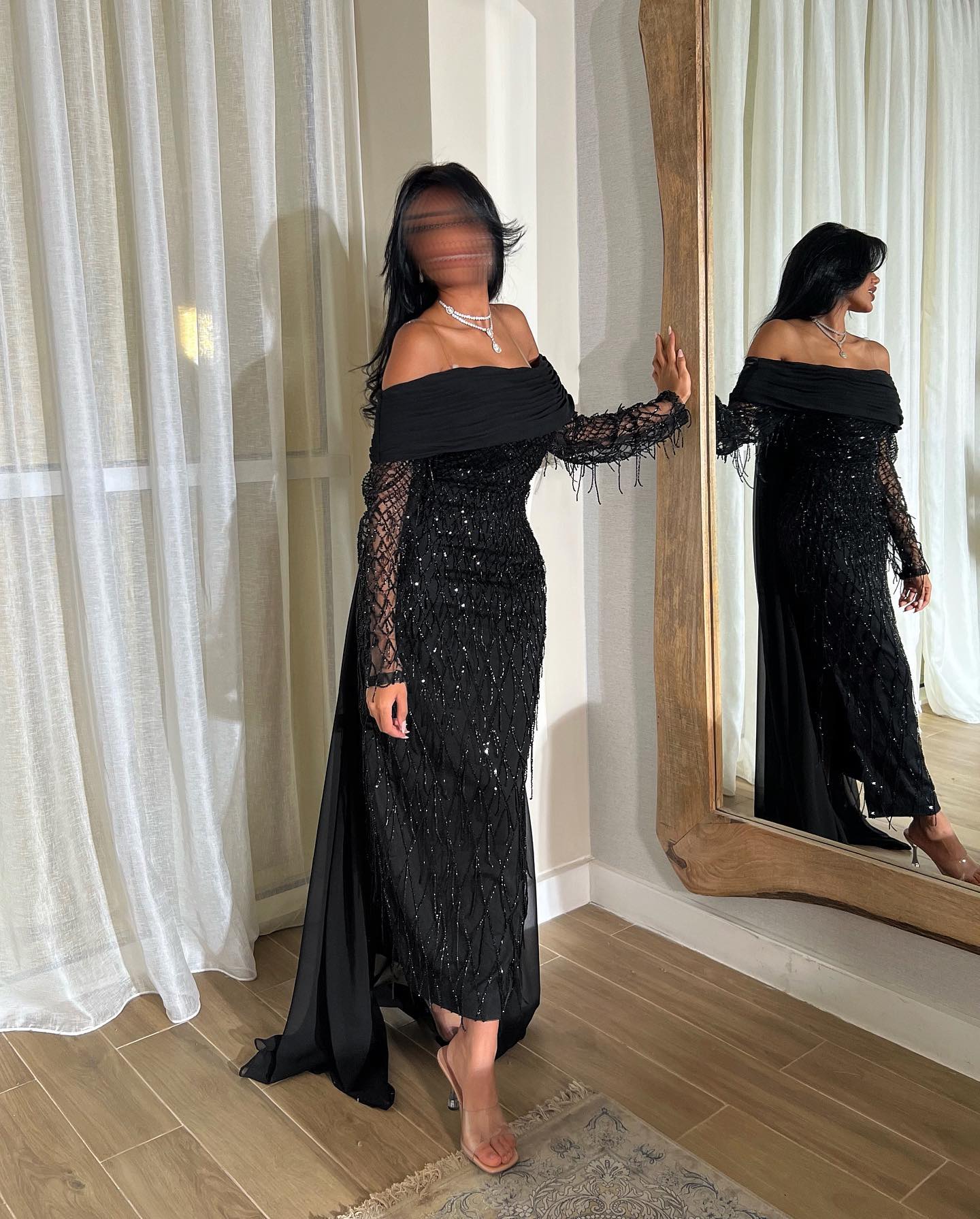 Elegant Lilac Beaded Tassels Long Sleeves Evening Dress with Cape AE010