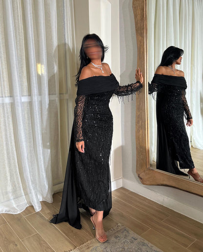 Elegant Lilac Beaded Tassels Long Sleeves Evening Dress with Cape AE010