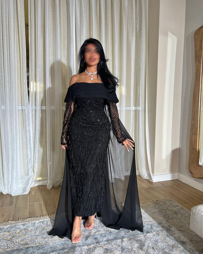 Elegant Lilac Beaded Tassels Long Sleeves Evening Dress with Cape AE010