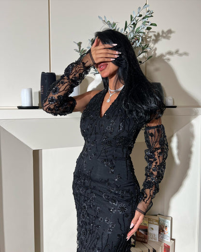 Sexy Halter V-Neck Black Long Sleeves Evening Dress with 3D Beaded Floral AE011